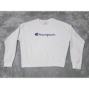 Champion Reverse Weave White Crewneck Long Sleeve Sweatshirt Women Size Large